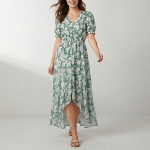 Baltic Born Green White Floral Print Smocked Midi Dress Short Puff Sleeve M